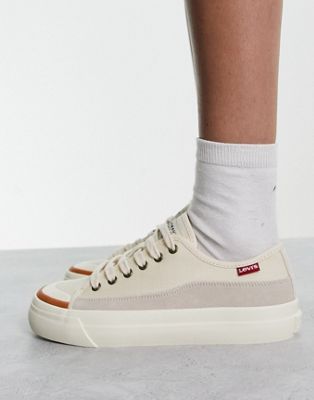 Square low trainer in cream with red tab logo