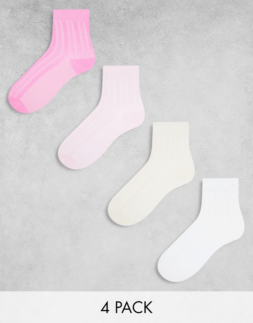 Lindex 4 pack cable knit ankle socks in pink and white-Multi