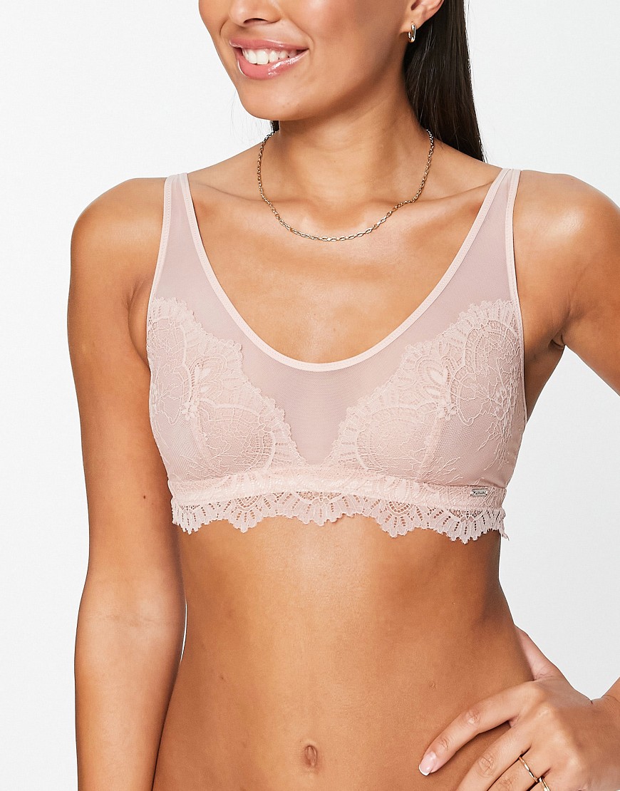 Lindex Chloe lace and sheer mesh crop bralette in dusty pink