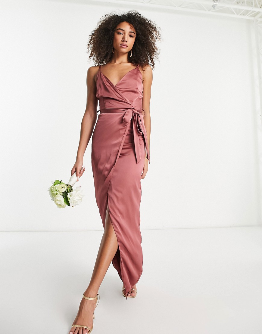 Liquorish Bridesmaid satin wrap maxi dress with belt in forever rose-Pink