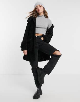 Liquorish midi teddy coat with buttons in black - Click1Get2 Price Drop