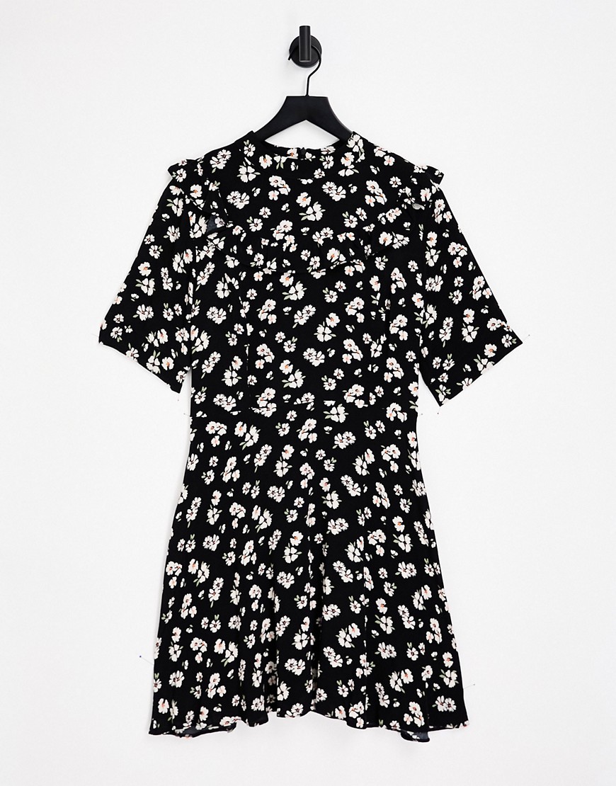 Liquorish mini dress with frill details in black based floral-Multi