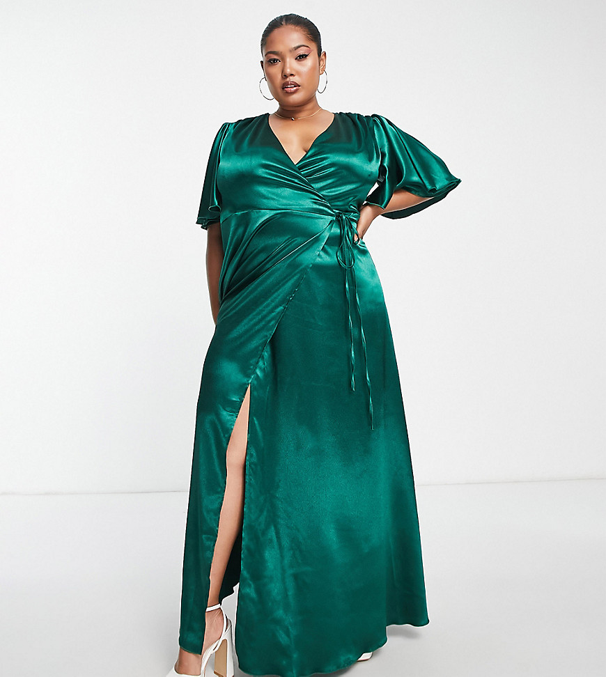 Little Mistress Plus flutter sleeve satin maxi dress in emerald green