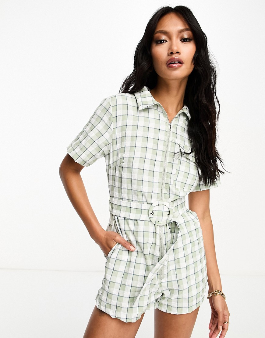 Lola May collared playsuit with belt in sage check-Green