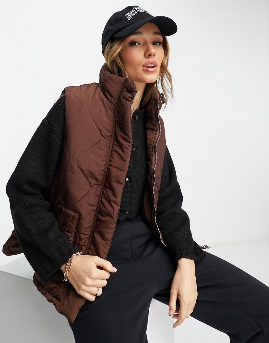 Lola May high neck quilted gilet in khaki-Brown