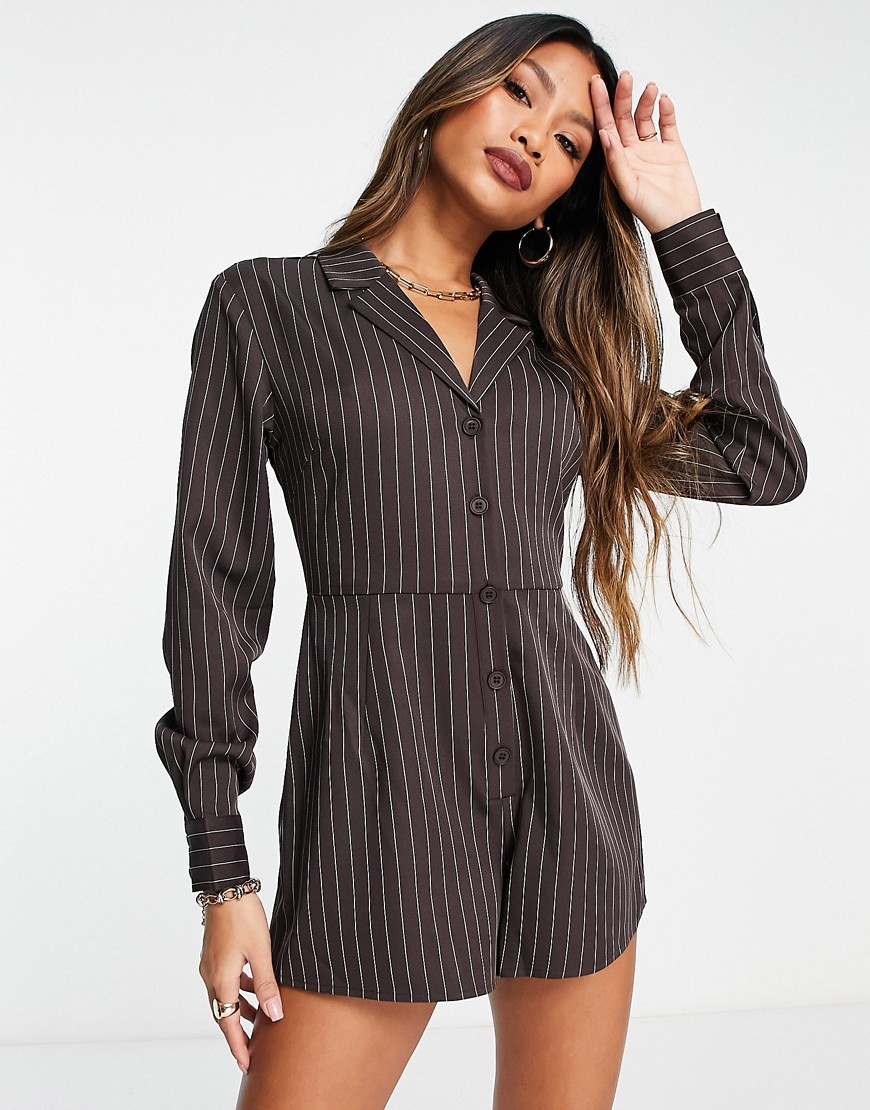 Lola May revere collared playsuit with open back in chocolate brown pinstripe