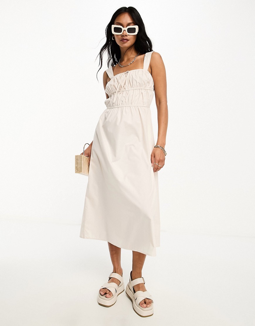 Lola May shirred tie front midi dress in stone-Neutral