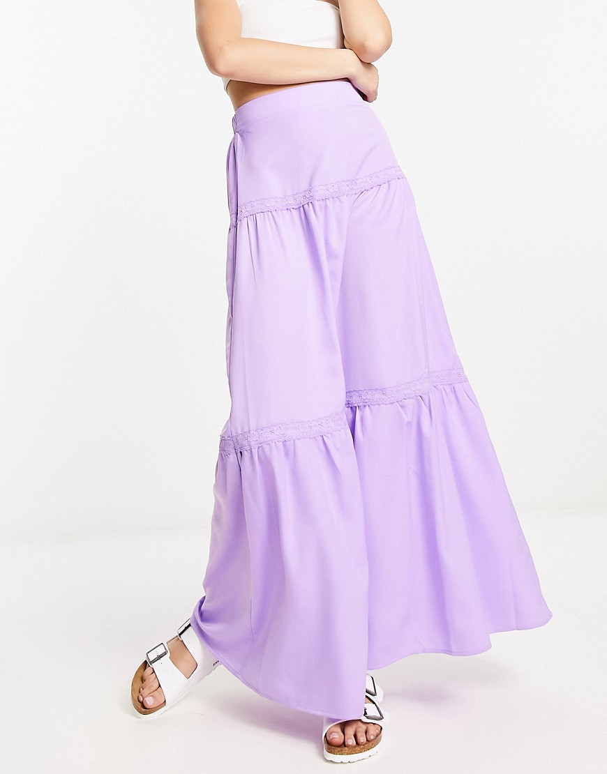 Lola May tiered maxi skirt with lace inserts in lilac-Purple