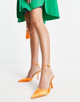 ankle strap pointed stiletto heeled shoes in orange satin
