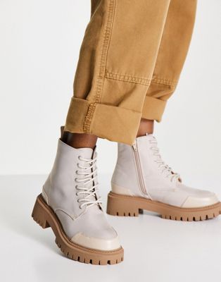 chunky lace up ankle boots with toe cap in beige
