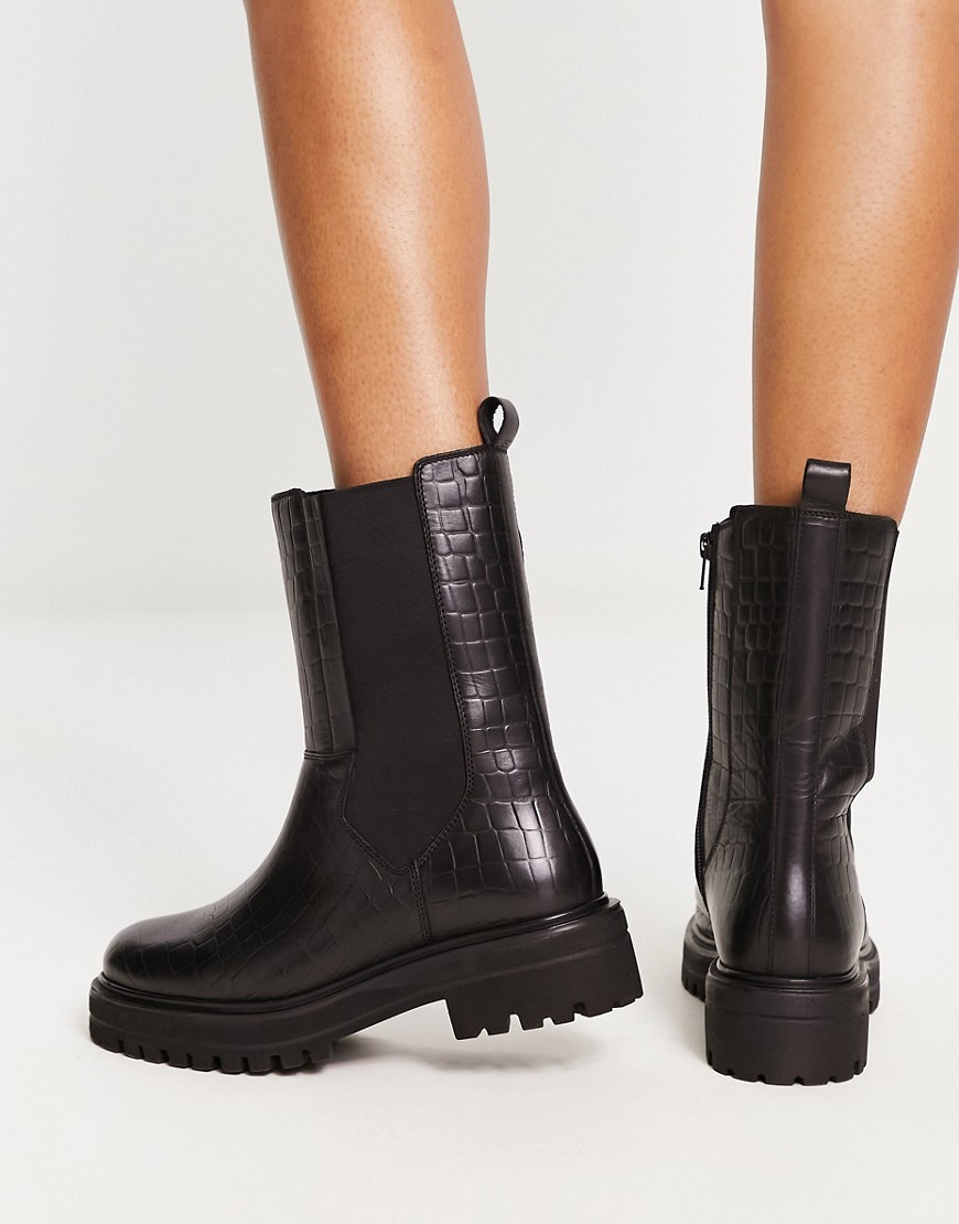 London Rebel Leather chunky chelsea boot in black croc