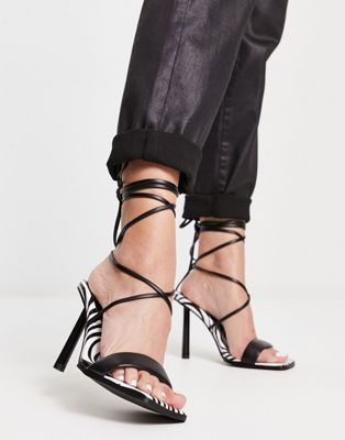 tie leg square toe heeled sandals in zebra