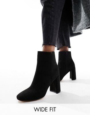 London Rebel Wide Fit block heel ankle boots in black micro