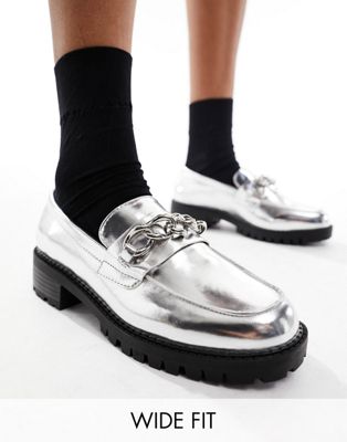 London Rebel Wide Fit chunky loafers with chain in silver