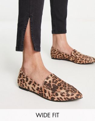 London Rebel Wide Fit pointed flat loafers in leopard