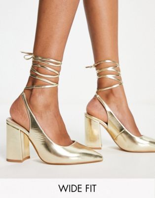 London Rebel wide fit pointed tie leg stiletto heeled shoes in gold