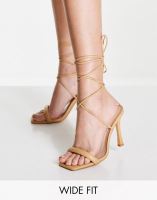 strappy tie leg heeled sandals in beige