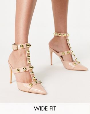 studded strappy heeled shoes in beige