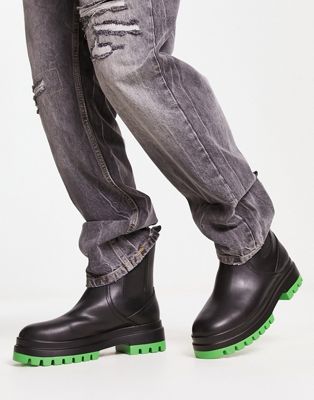 chunky chelsea boots with contrast sole in black/green