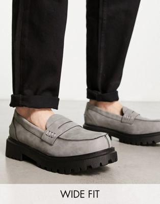 wide fit cleated sole chunky penny loafers in grey