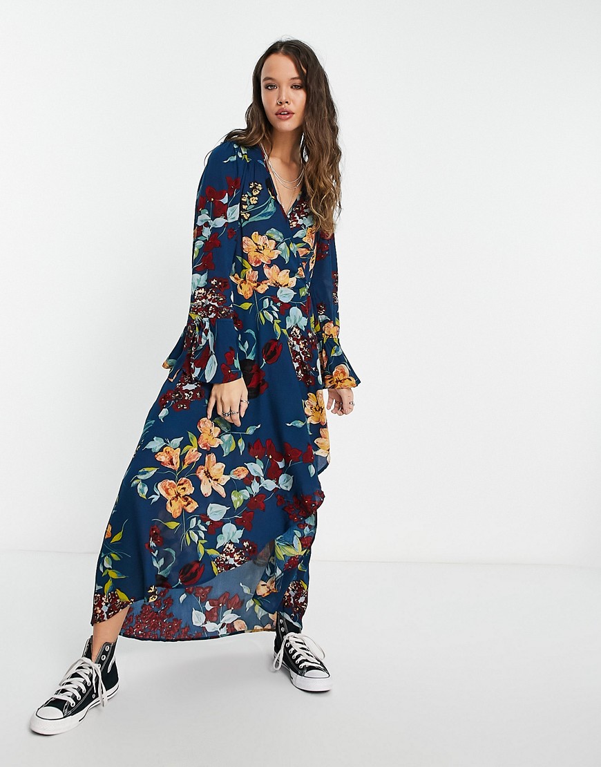 Lottie & Holly wrap front midaxi dress in floral print-Multi