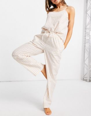 Loungeable cami long pajama set in natural gingham
