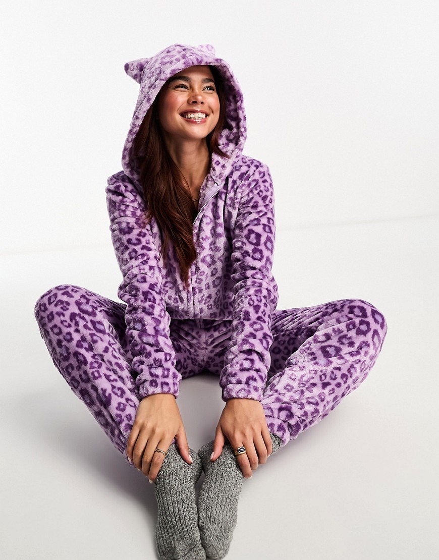 Loungeable fleece leopard print all in one in purple