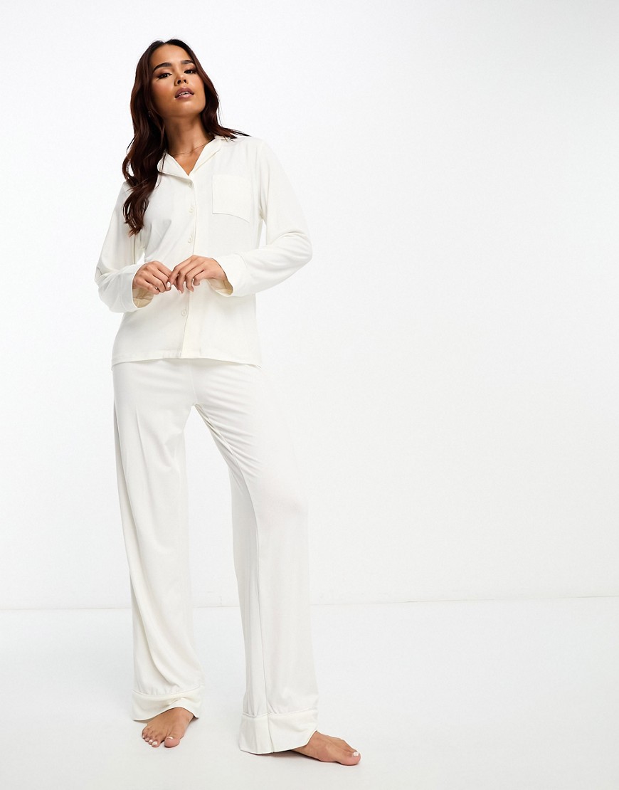 Loungeable soft touch long pyjama set in cream-White