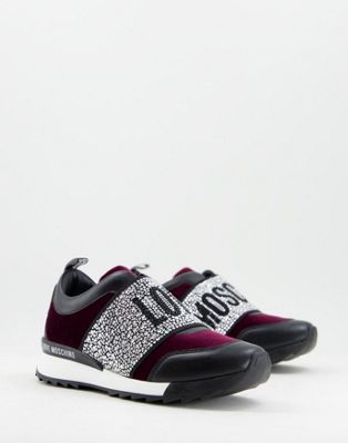 diamante logo band lace up trainers in black and burgundy