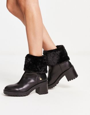 faux fur trimmed heeled boots in black