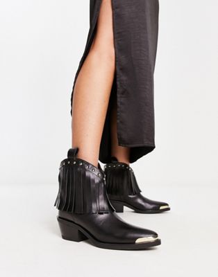 fringe western booted with metal toe in black leather