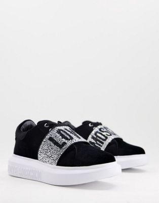logo band lace up trainers in black velvet