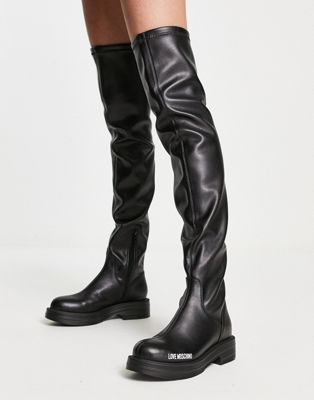 logo over the knee boots in black