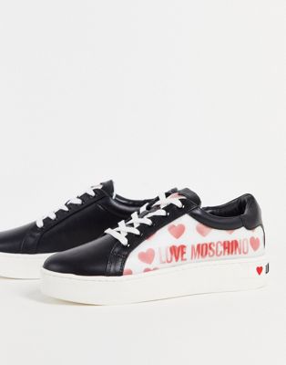 multi heart and logo print trainers in black white and red