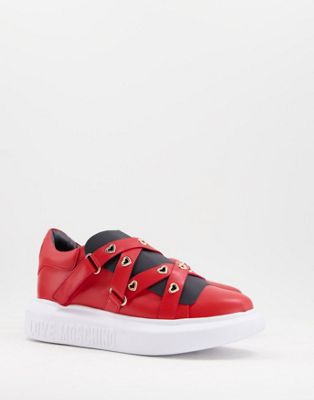 multi strap gold heart trainers in red