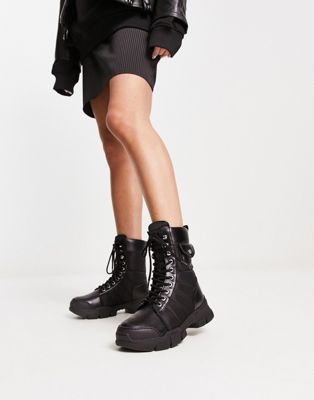 panel pocket lace up boots in black