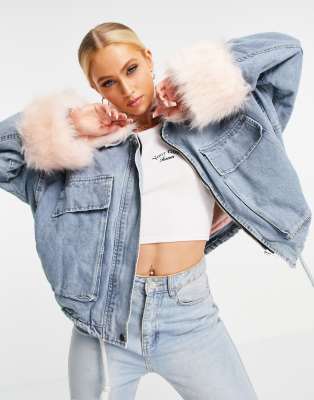 Love & Other Things faux fur trim denim jacket in blue - Click1Get2 Offers