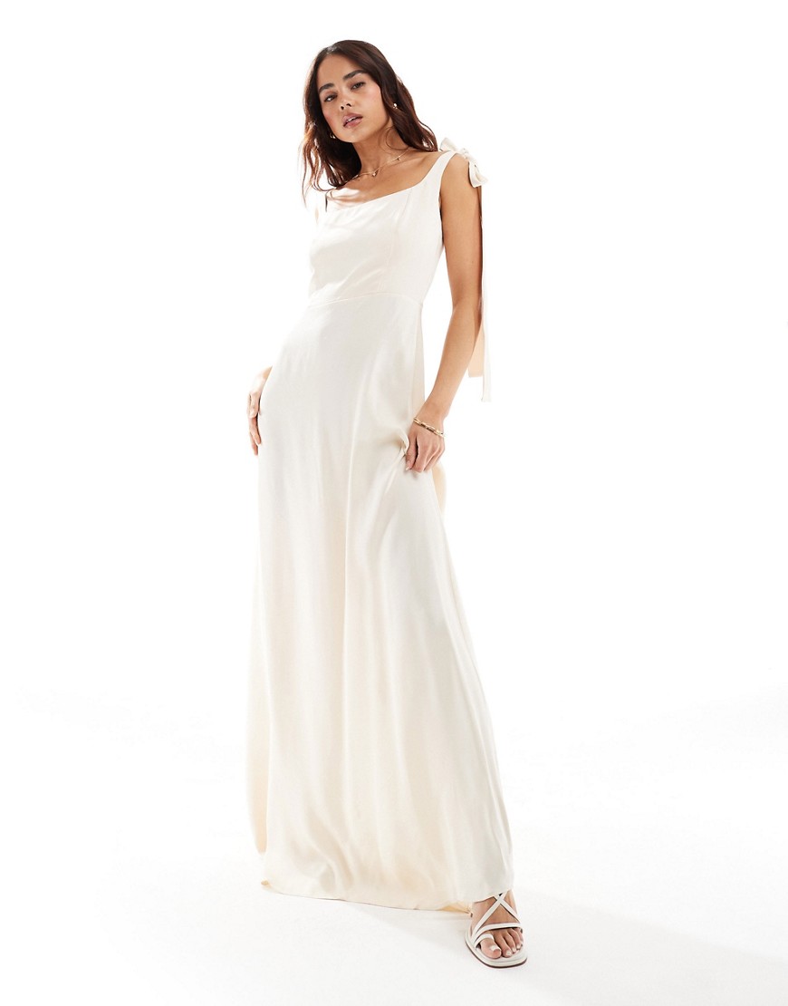 Maids to Measure Bridesmaid tie shoulder maxi dress in ivory-White