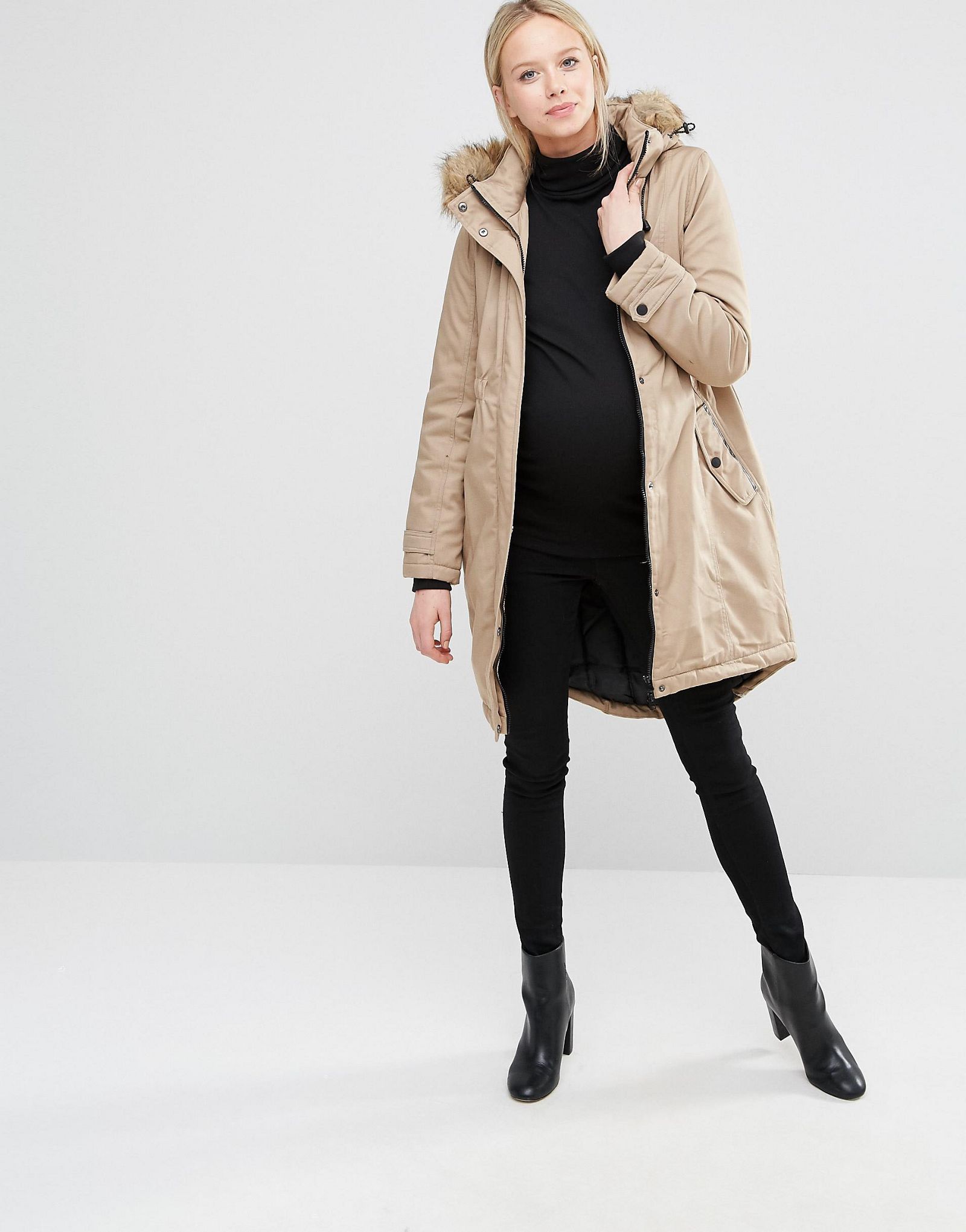 Mamalicious Faux Fur Trimmed Hooded Parka Coat