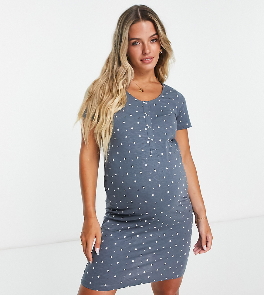 Mamalicious Maternity star print nightdress with nursing function in charcoal grey