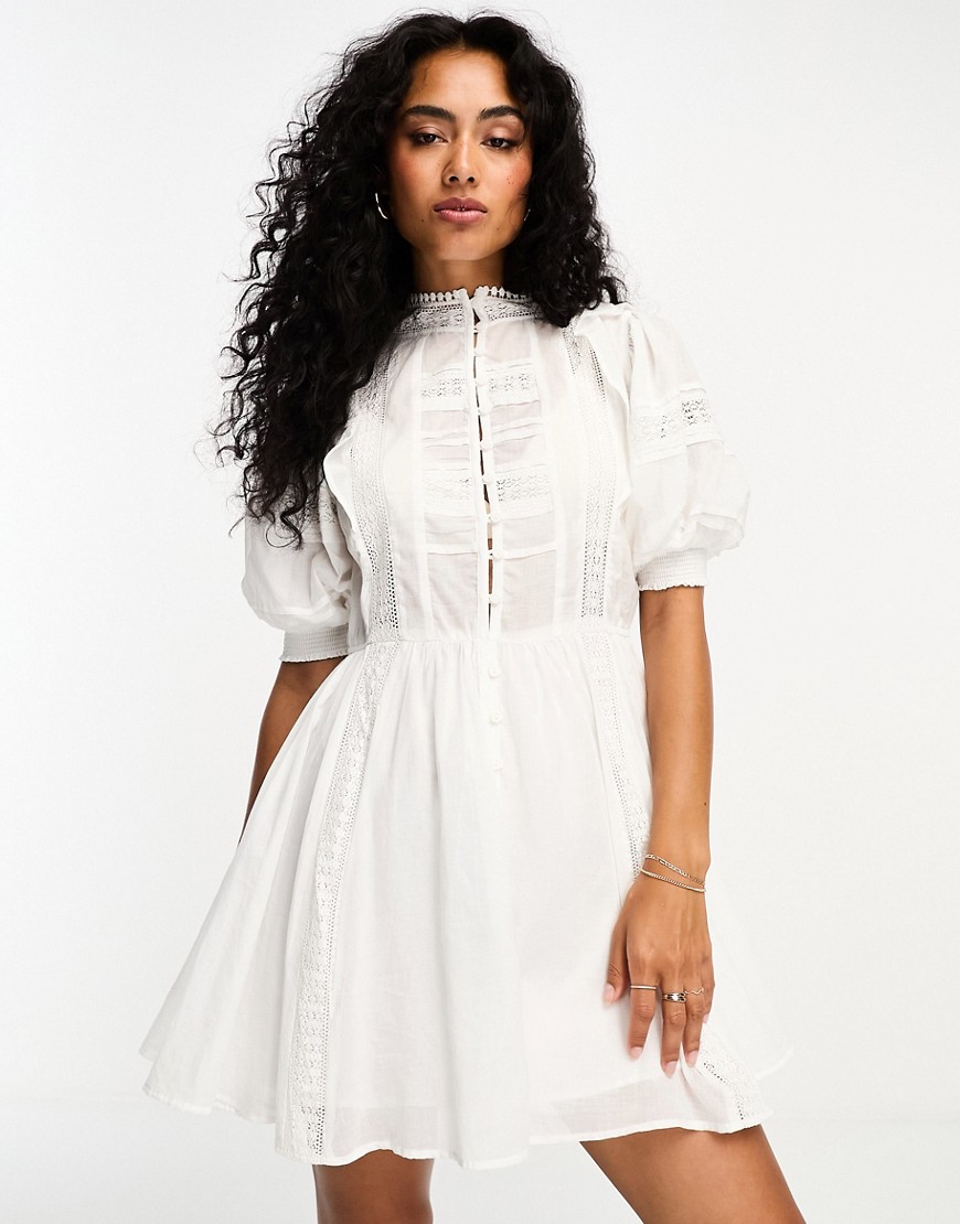 Mango button front broderie mini dress in white