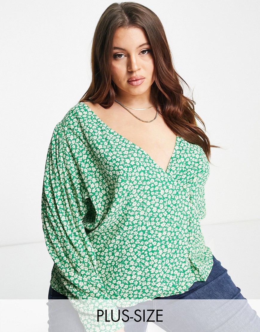Mango curve side button wrap top with puff sleeve in light green-Blue