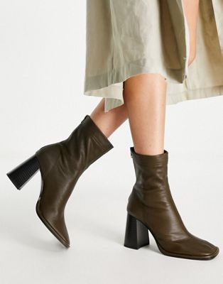 leather heeled ankle boots in khaki