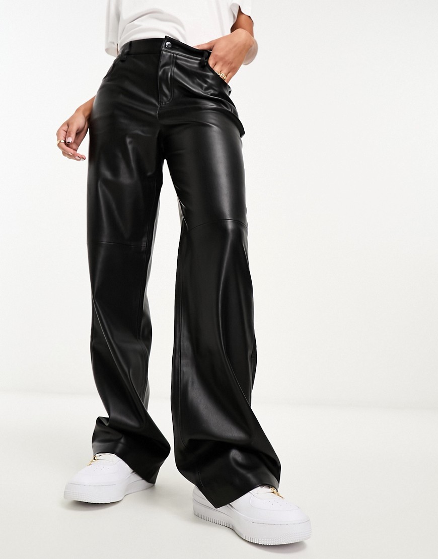 Mango straight leg faux leather trousers in black