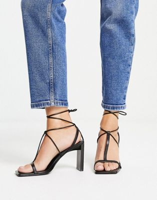 strappy tie up heeled sandal in black