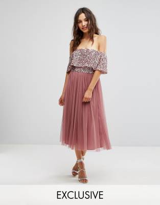 maya bardot sequin top tulle detail dress with high low hem