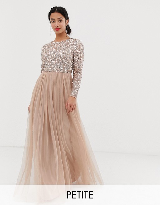 Maya Petite Long Sleeved Maxi Dress with Delicate Sequin and Tulle Skirt
 