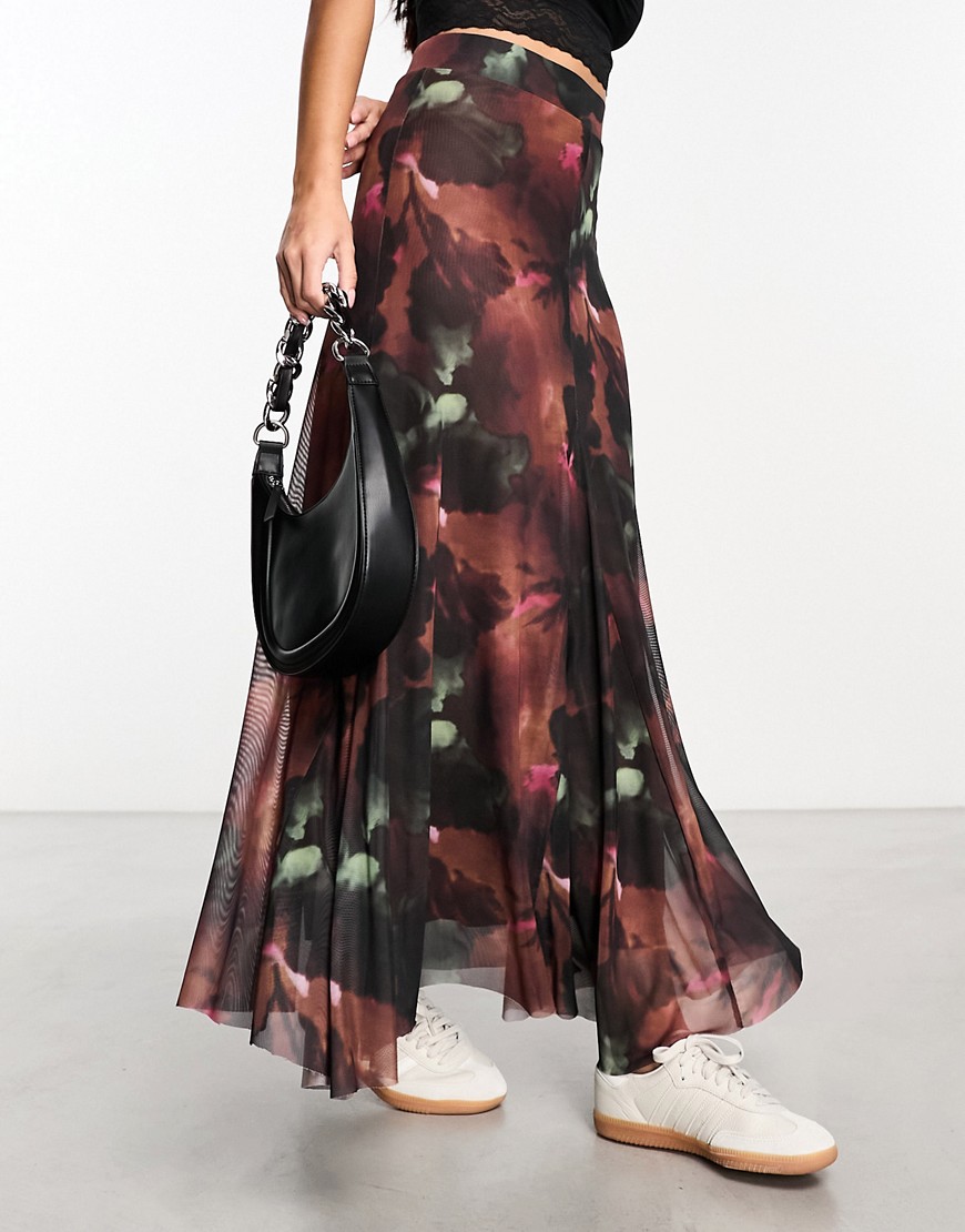 Miss Selfridge abstract print mesh skirt in blurred floral-Multi
