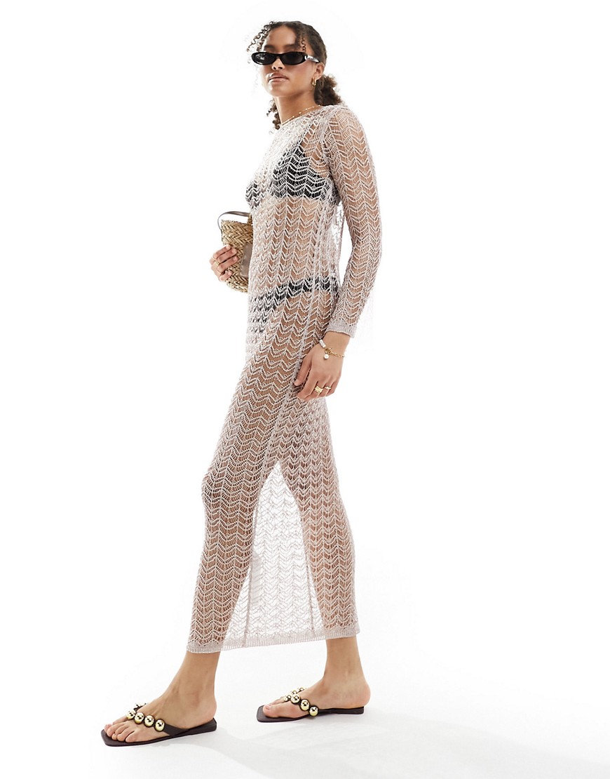 Miss Selfridge beach metallic crochet flare sleeve maxi dress with low back in gold