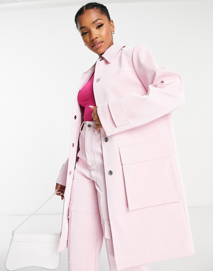 Miss Selfridge cargo pocket detail vinyl faux leather coat in pink co-ord